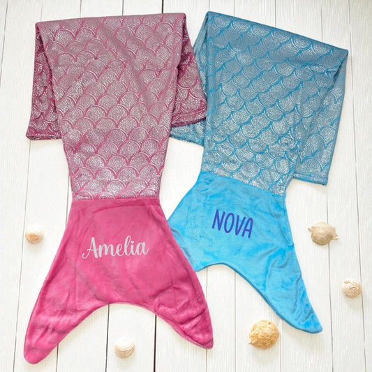 Personalised Mermaid Tail Blanket for Kids and Teens – Custom Name Blanket, Cosy Gift, Girls Boys Birthday Christmas Present - Large Size