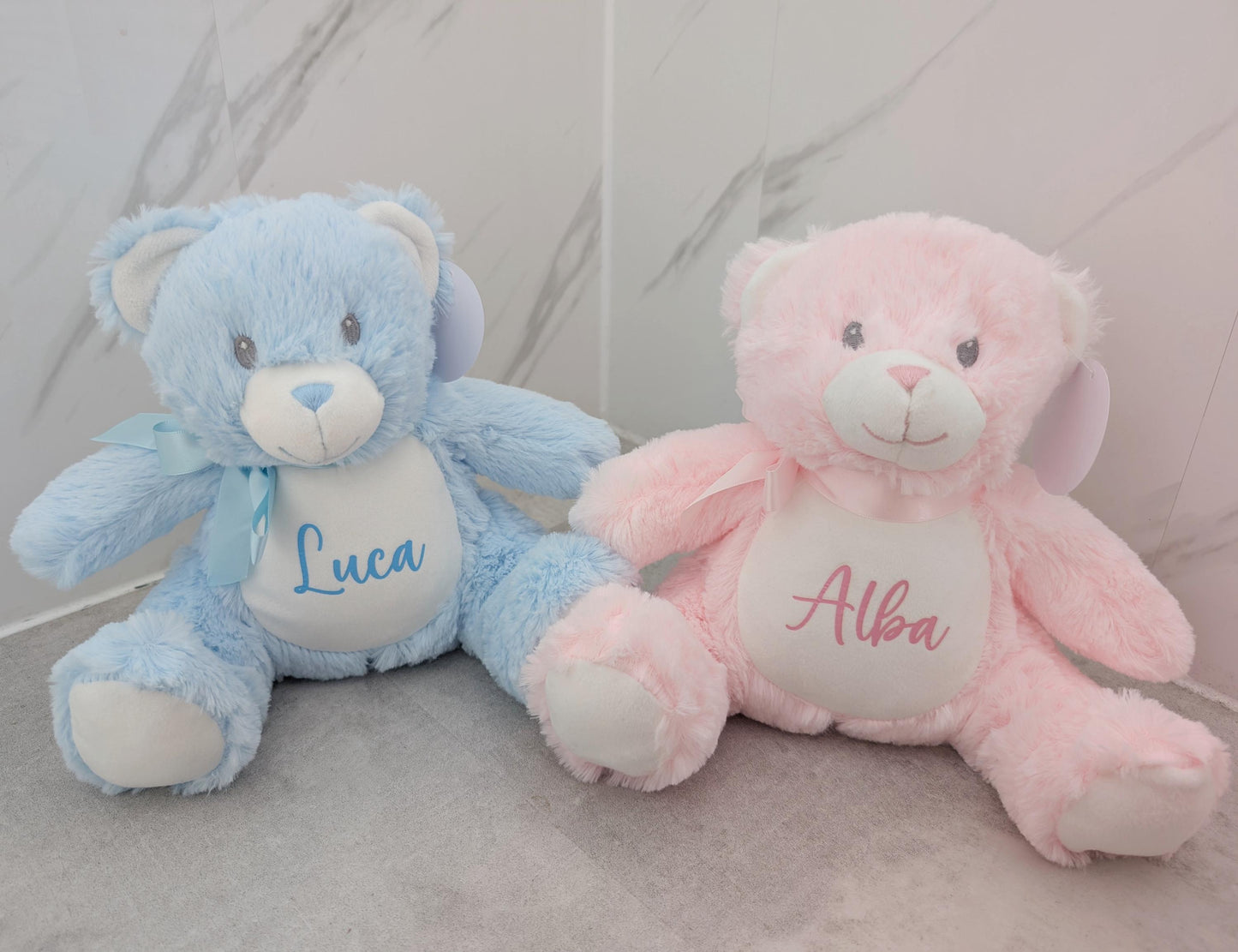 Personalised New Baby Gift Teddy Bear Soft Toy Baby Girl, Baby Boy Plush, Custom Name 1st Birthday, Christening 24cm or 40cm Pink Blue White