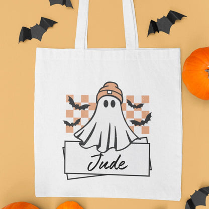 Personalised Halloween Trick or Treat Bag | Custom Kids Candy Tote | Ghost Cute Funky Design | Reusable Halloween Sweet Large Bag