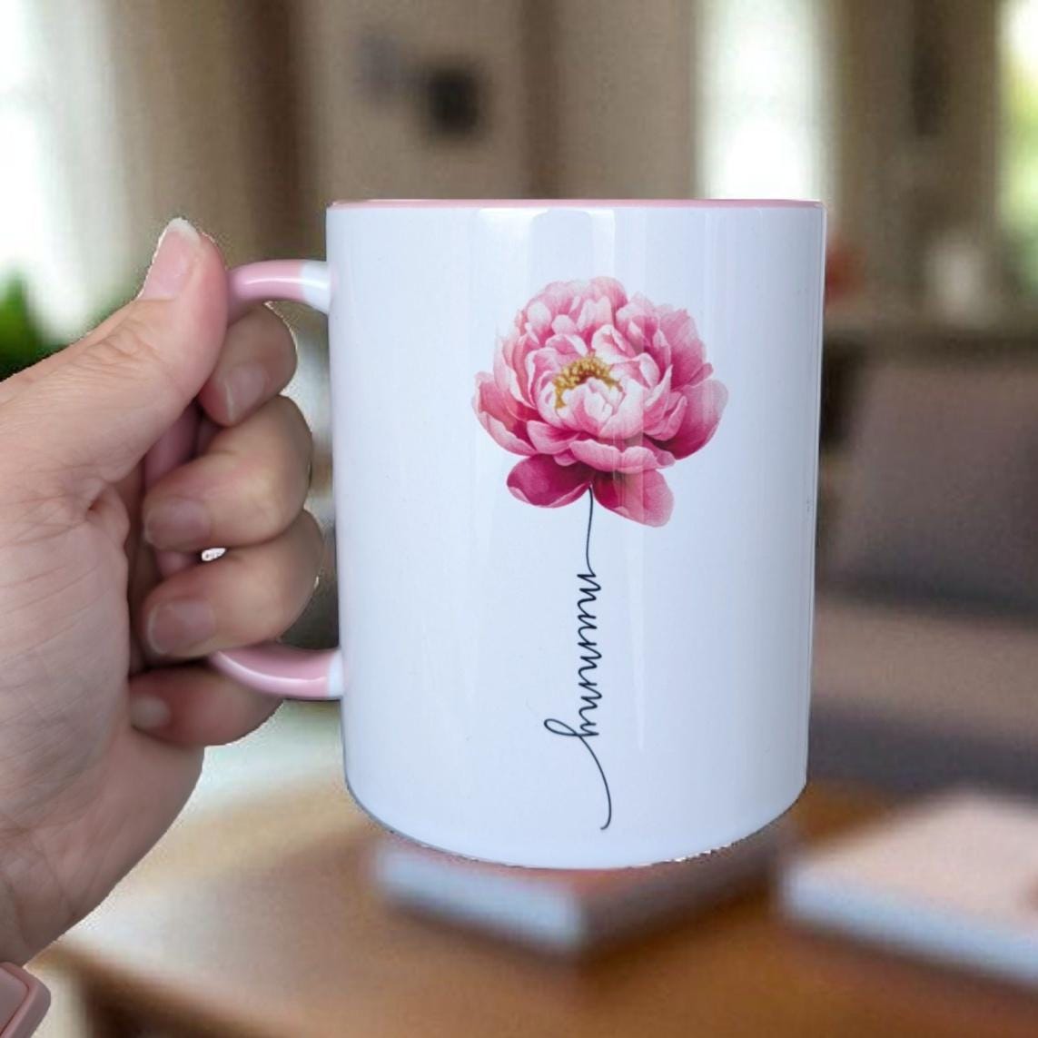 Personalised Peony Flower Mug Name Stem Gift For Her Libra Star Sign Flower November Birth Month Flower