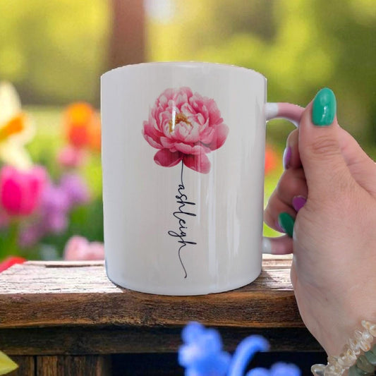 Personalised Peony Flower Mug Name Stem Gift For Her Libra Star Sign Flower November Birth Month Flower
