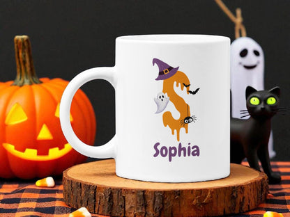 Personalised Halloween Initial Mug | Custom Name Coffee Cup | Kids Safe Polymer or Ceramic Mug | Cute Spooky Gift for Halloween | 11oz Mug