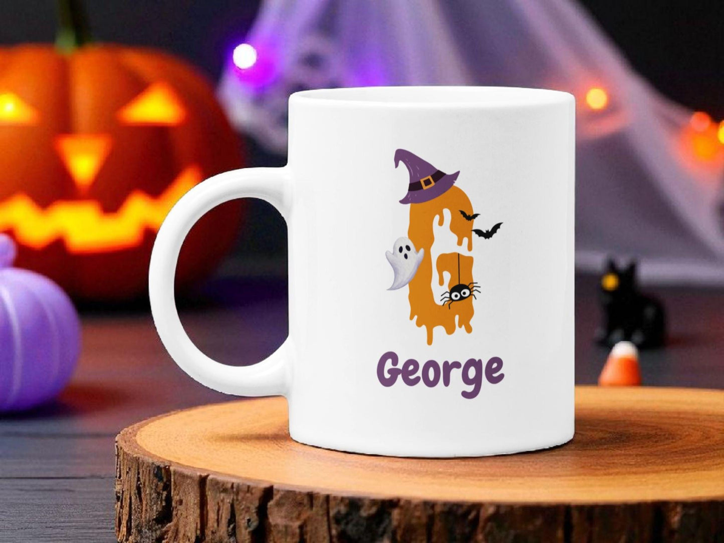 Personalised Halloween Initial Mug | Custom Name Coffee Cup | Kids Safe Polymer or Ceramic Mug | Cute Spooky Gift for Halloween | 11oz Mug