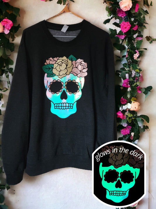 Ladies Floral Skull Sweater Fashion Top Glow in the Dark Glitter Gift for Her Women's Christmas Present Autumn Vibes Halloween