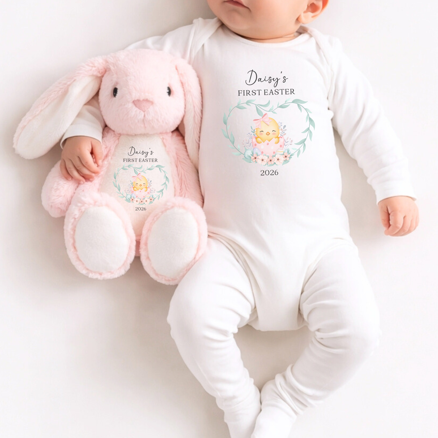Personalised First Easter Sleepsuit & Bunny - Pink Chick