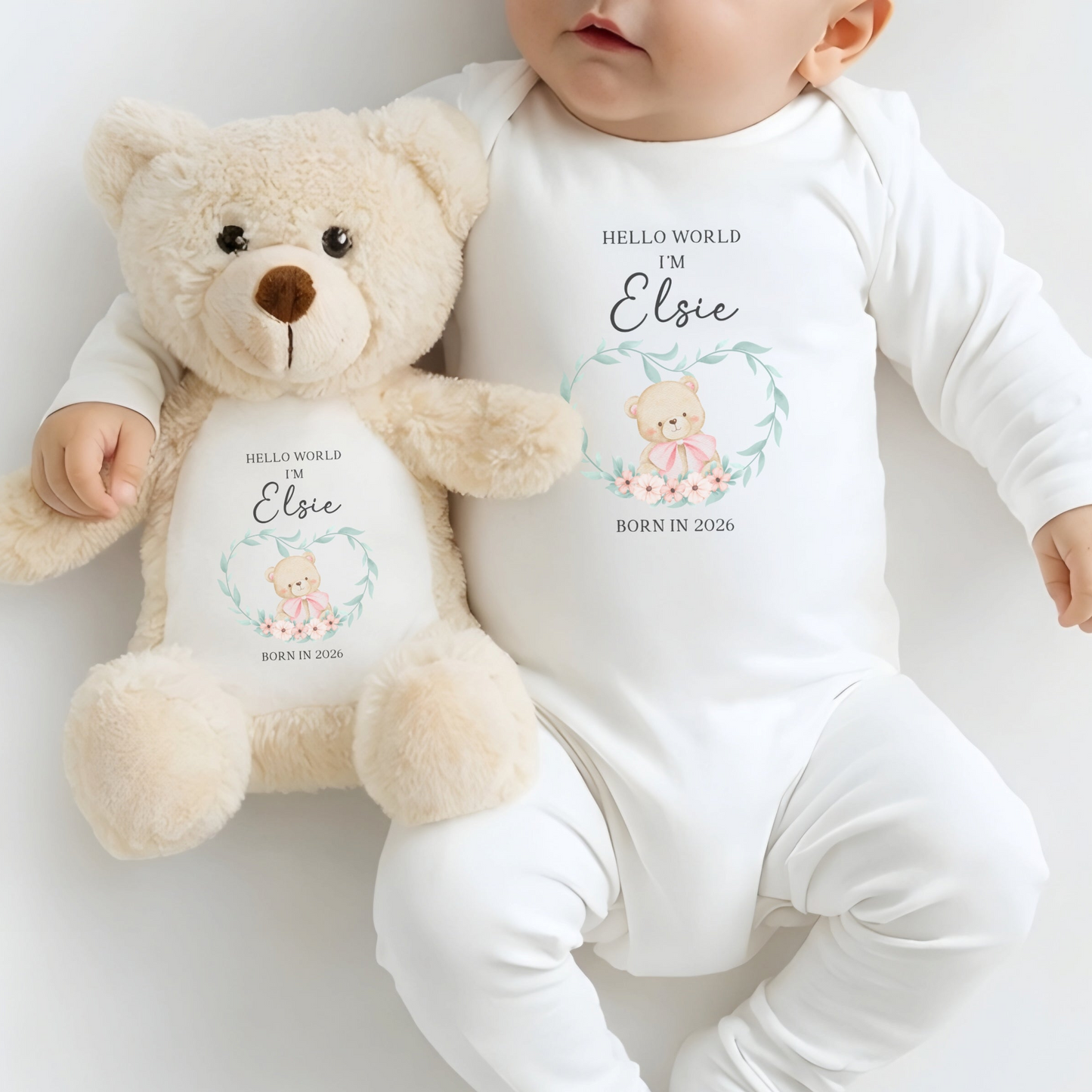 Personalised Hello World Sleepsuit and Bear Set - Pink