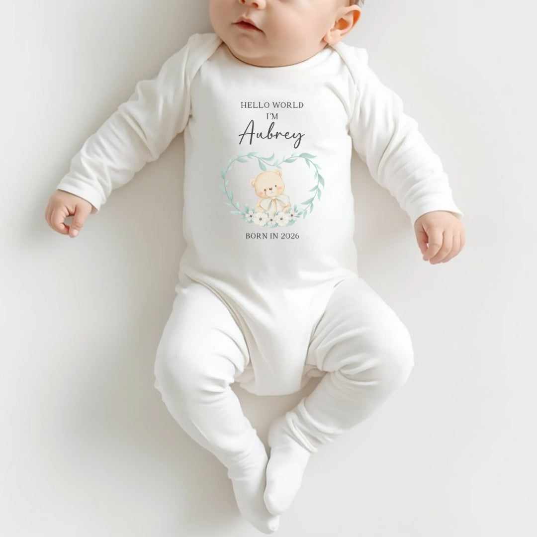 Personalised Hello World Sleepsuit and Bear Set - Neutral