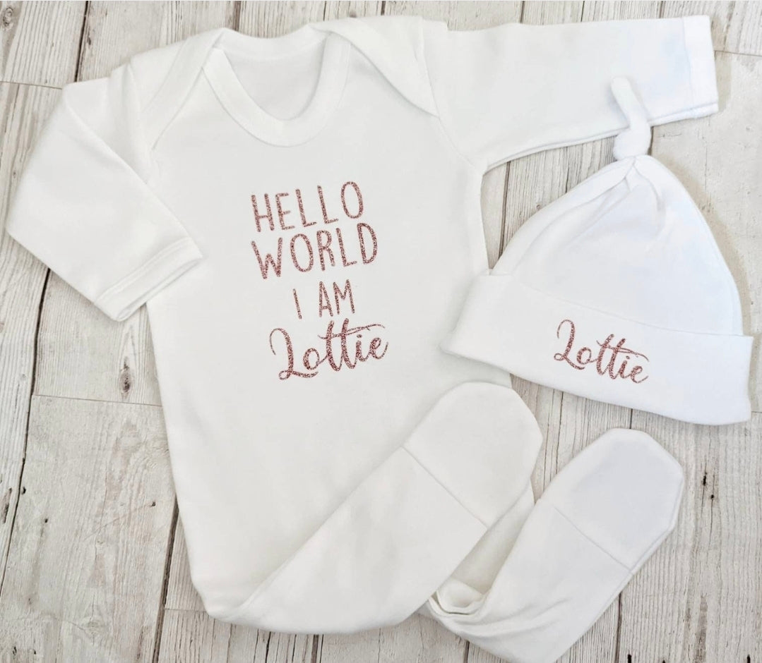 Personalised Hello World Sleepsuit and Hat