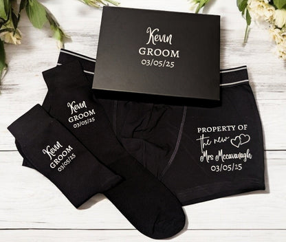 Personalised Groom Boxer Shorts and Socks set with Gift Box