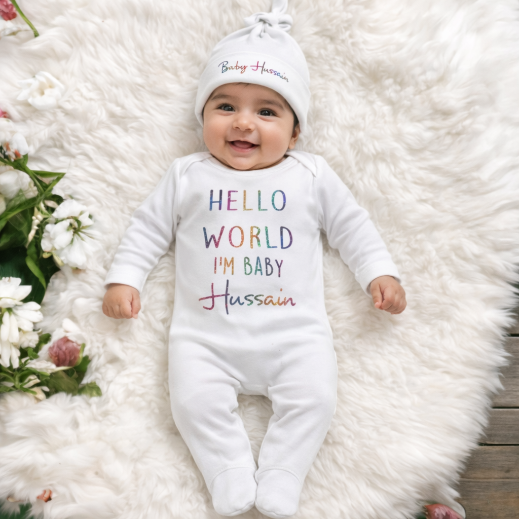 Personalised Hello World Sleepsuit and Hat