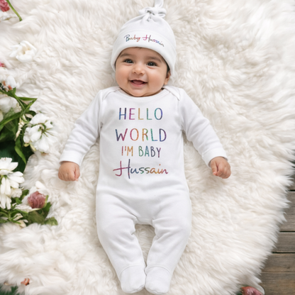 Personalised Hello World Sleepsuit and Hat