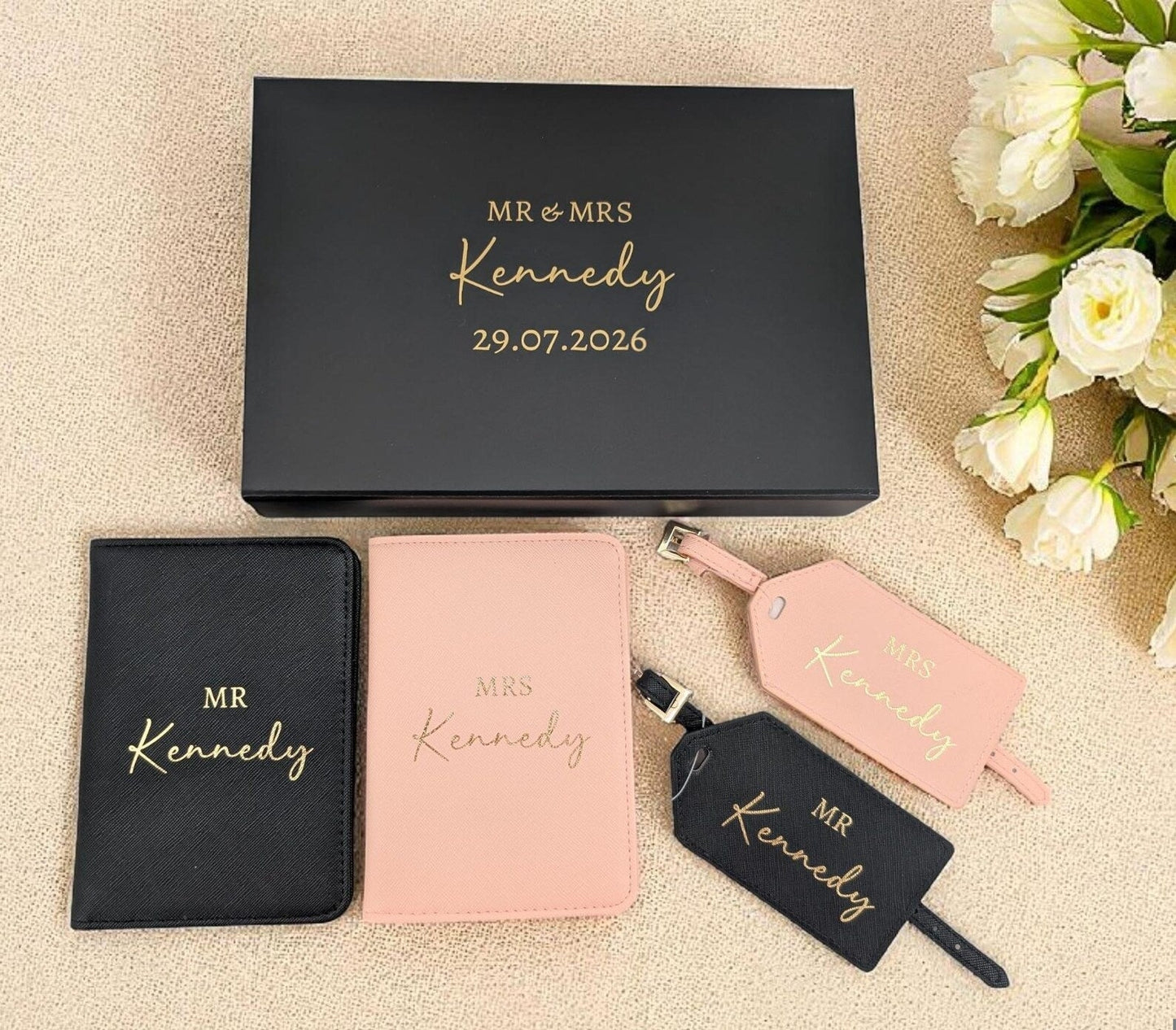 Personalised Mr & Mrs Passport and Luggage Tag Set with Gift Box