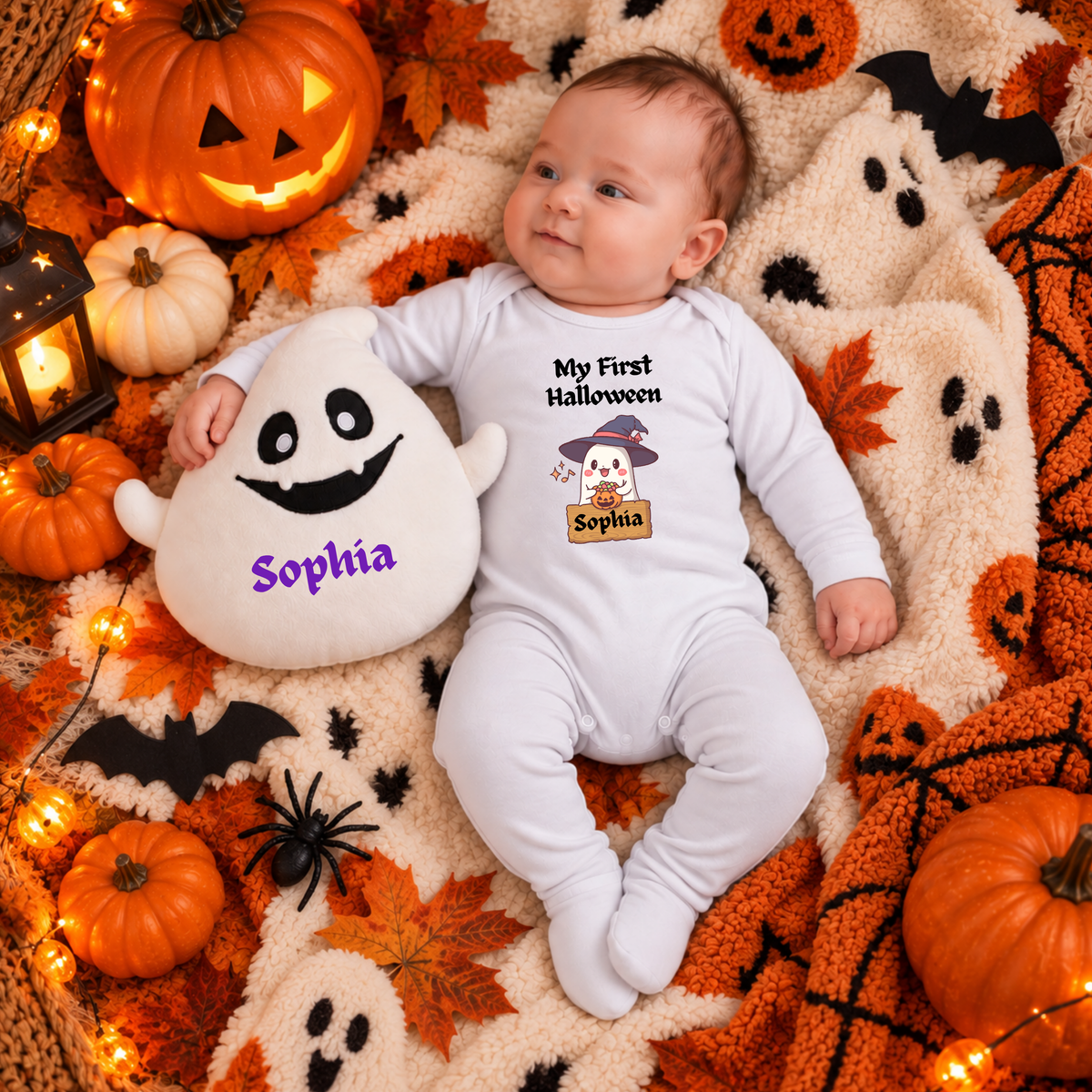 Personalised My First Halloween Sleepsuit and Ghost Plush Set