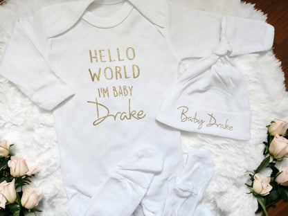 Personalised Hello World Sleepsuit and Hat