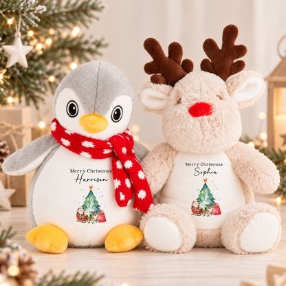 Personalised Christmas Plush Toy - Reindeer or Penguin
