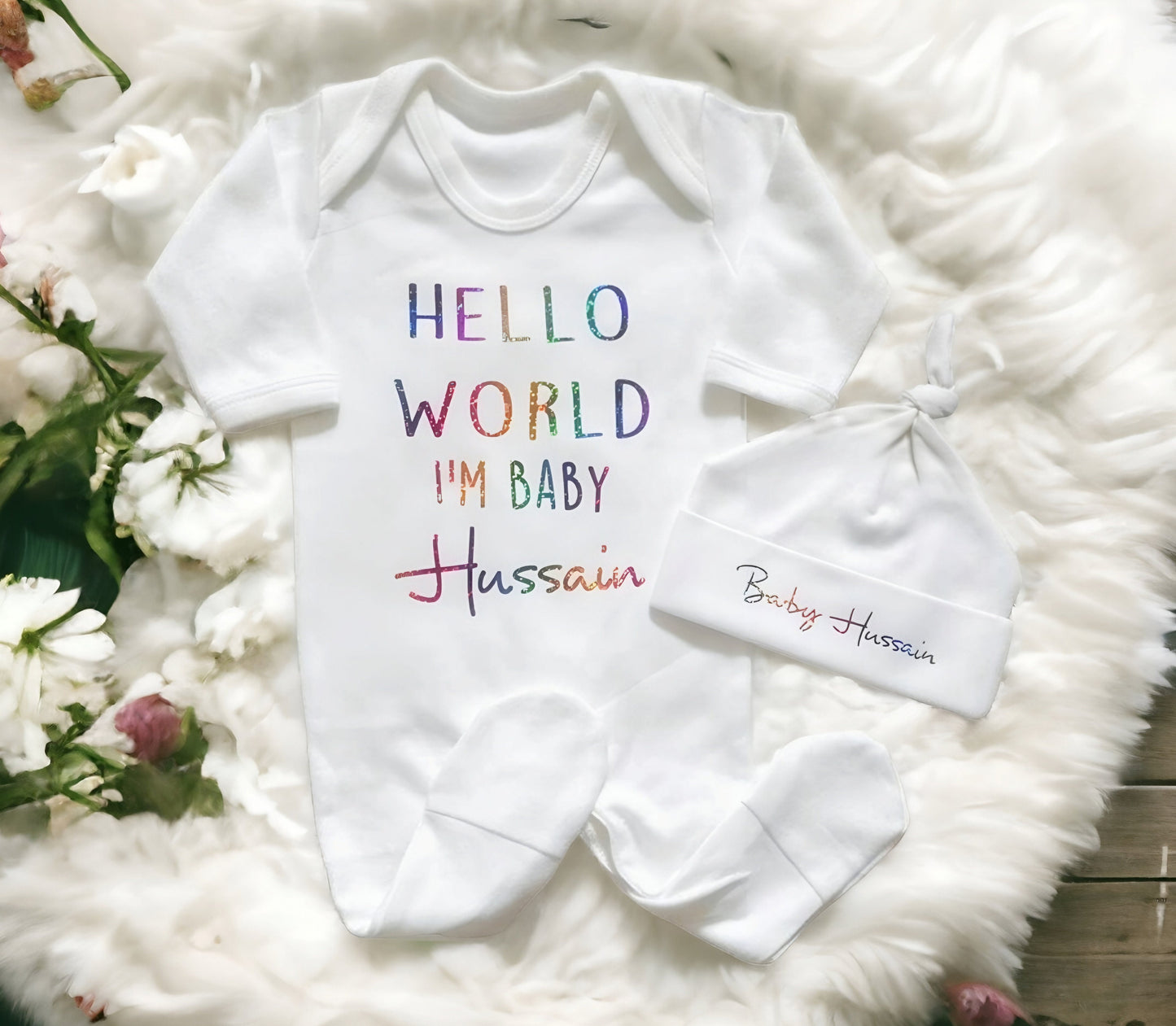 Personalised Hello World Sleepsuit and Hat