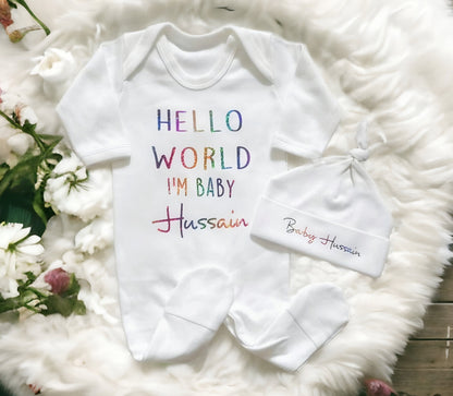 Personalised Hello World Sleepsuit and Hat