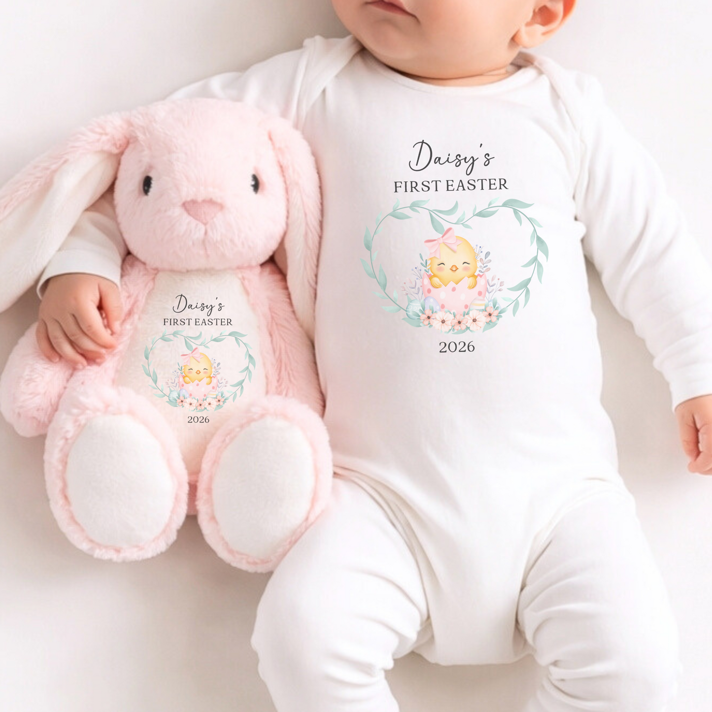 Personalised First Easter Sleepsuit & Bunny - Pink Chick