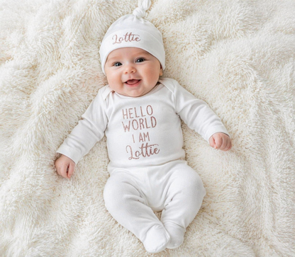 Personalised Hello World Sleepsuit and Hat