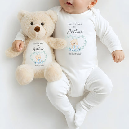 Personalised Hello World Sleepsuit and Bear Set - Blue