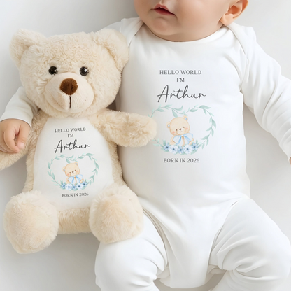 Personalised Hello World Sleepsuit and Bear Set - Blue