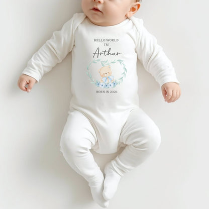 Personalised Hello World Sleepsuit and Bear Set - Blue