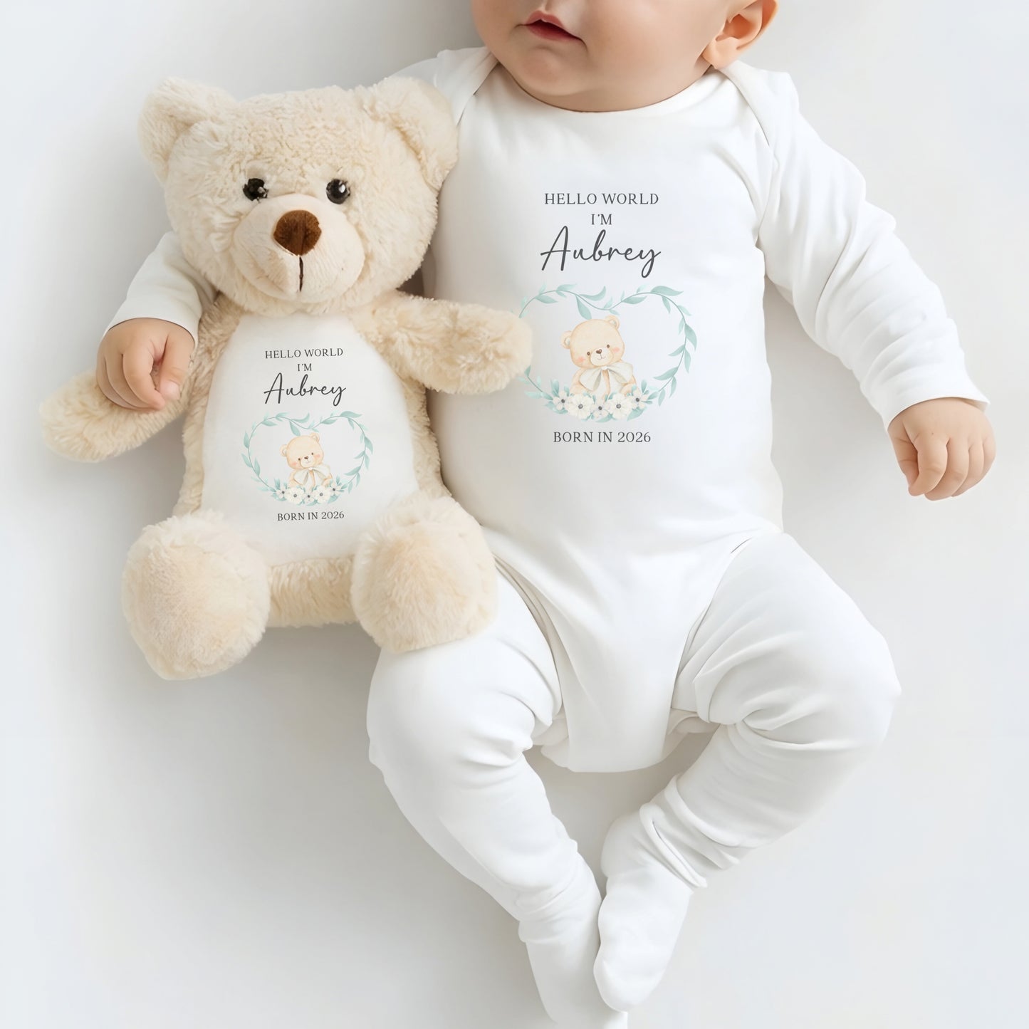 Personalised Hello World Sleepsuit and Bear Set - Neutral