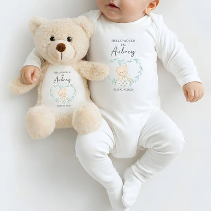 Personalised Hello World Sleepsuit and Bear Set - Neutral