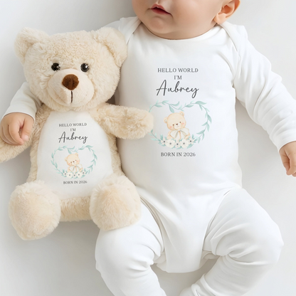 Personalised Hello World Sleepsuit and Bear Set - Neutral