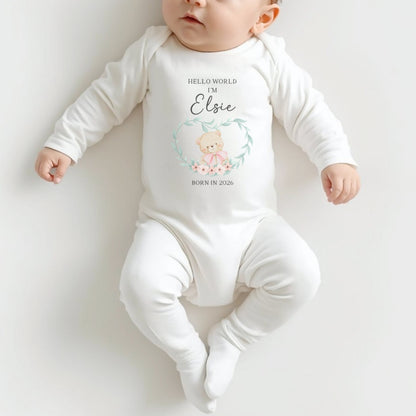 Personalised Hello World Sleepsuit and Bear Set - Pink